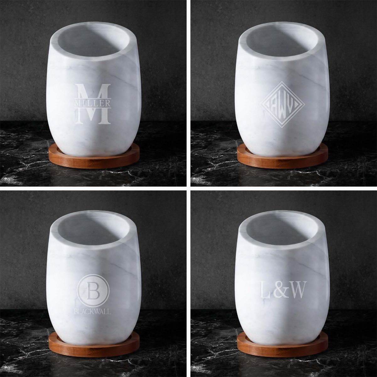 marble wine chillers with different custom engraved initials