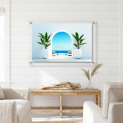 Serene resort scene wall art displayed in a bright living room