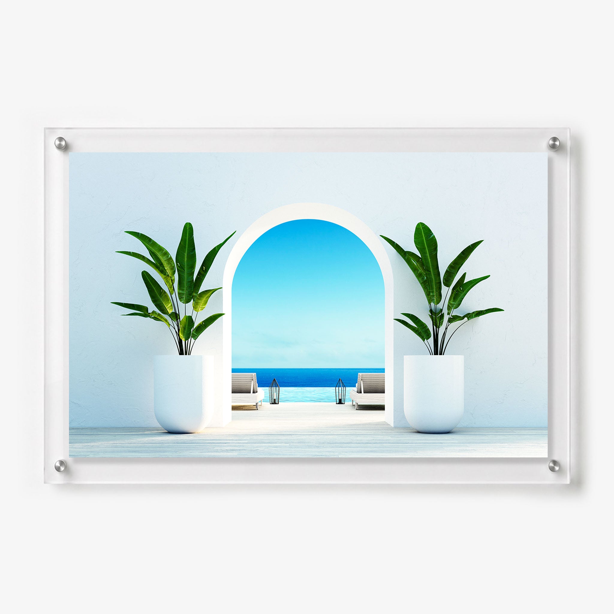 Acrylic wall art featuring a white resort terrace with tropical plants