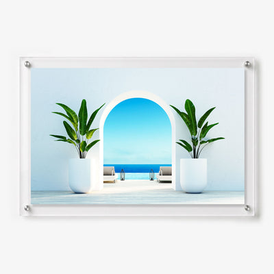 Acrylic wall art featuring a white resort terrace with tropical plants