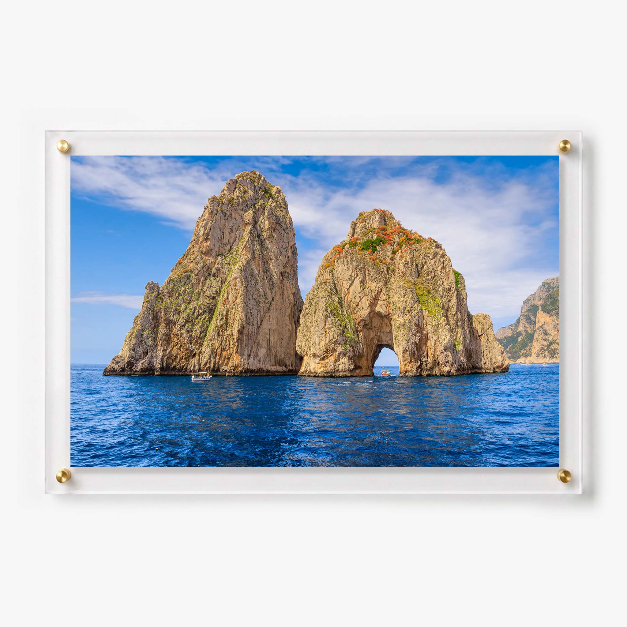 Acrylic wall art featuring the Faraglioni sea stacks rising from the deep blue water