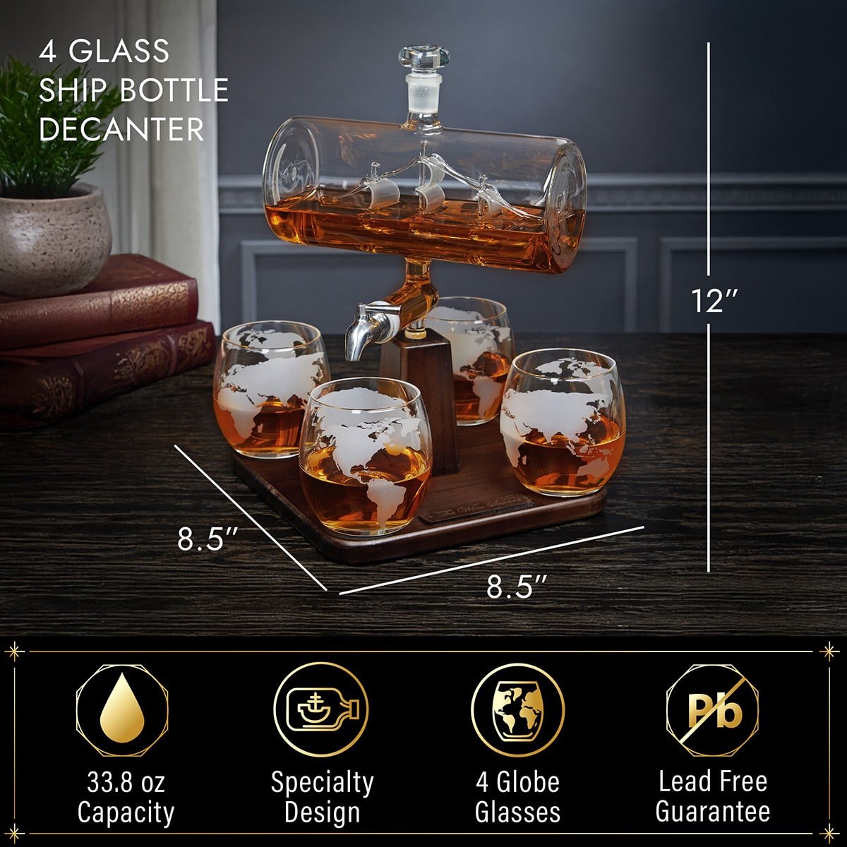 Sail Away Ship Whiskey Decanter Set with 4 Globe Glasses