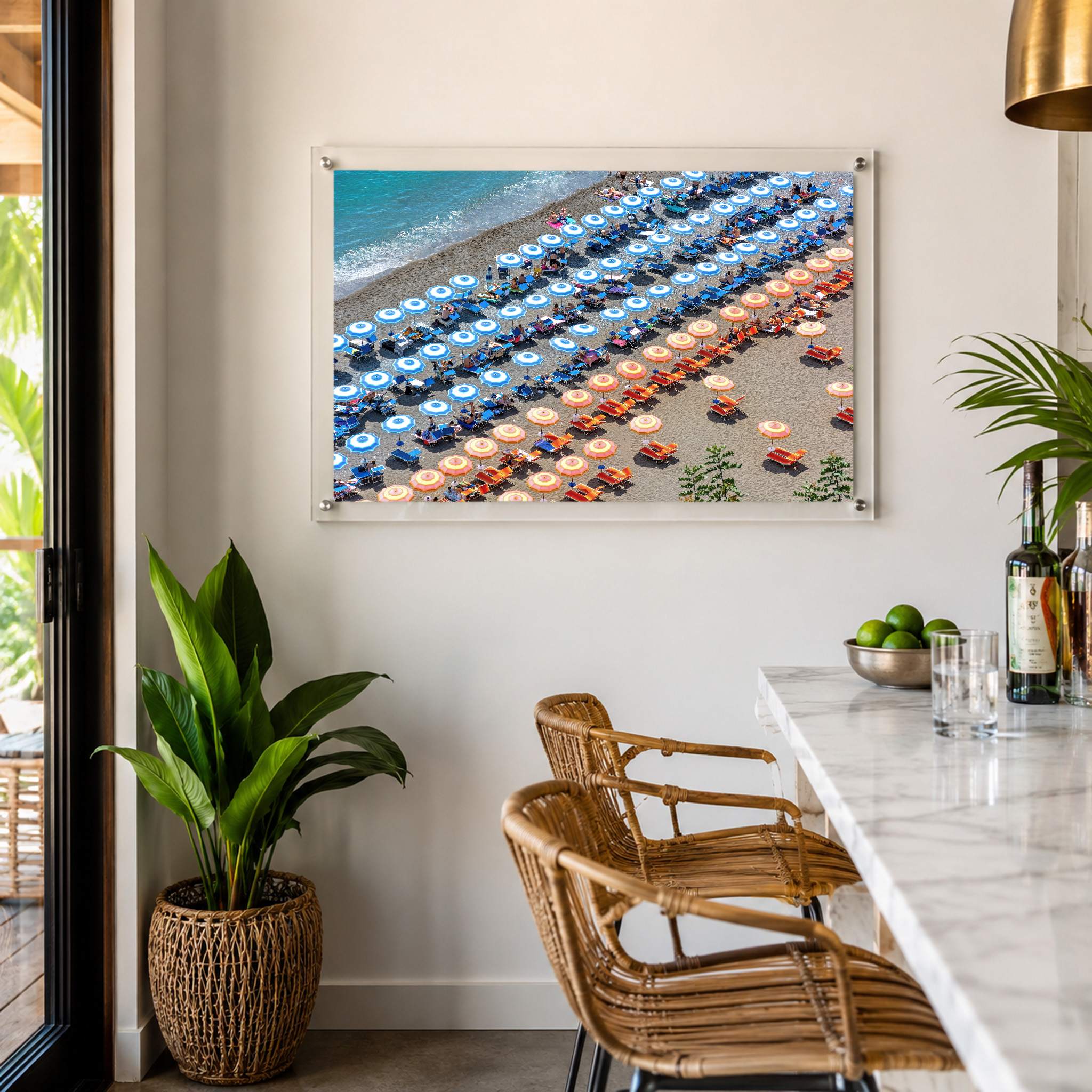 Stripes and Spritz wall art in a stylish tropical marble bar nook with rattan chairs