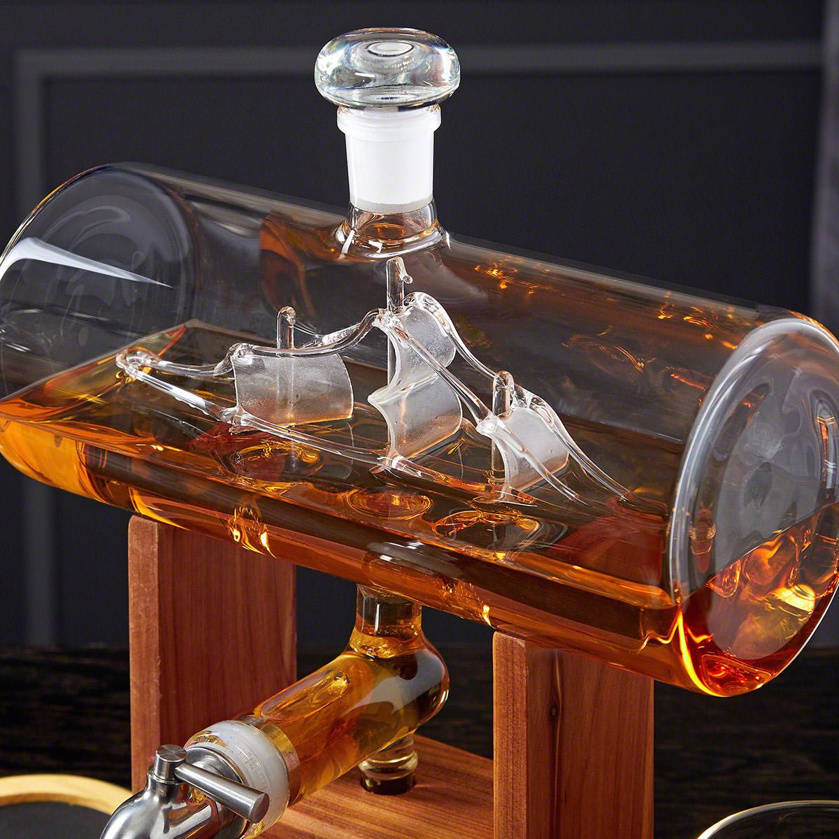 Ship in a Bottle Decanter With Two Globe Whiskey Glasses
