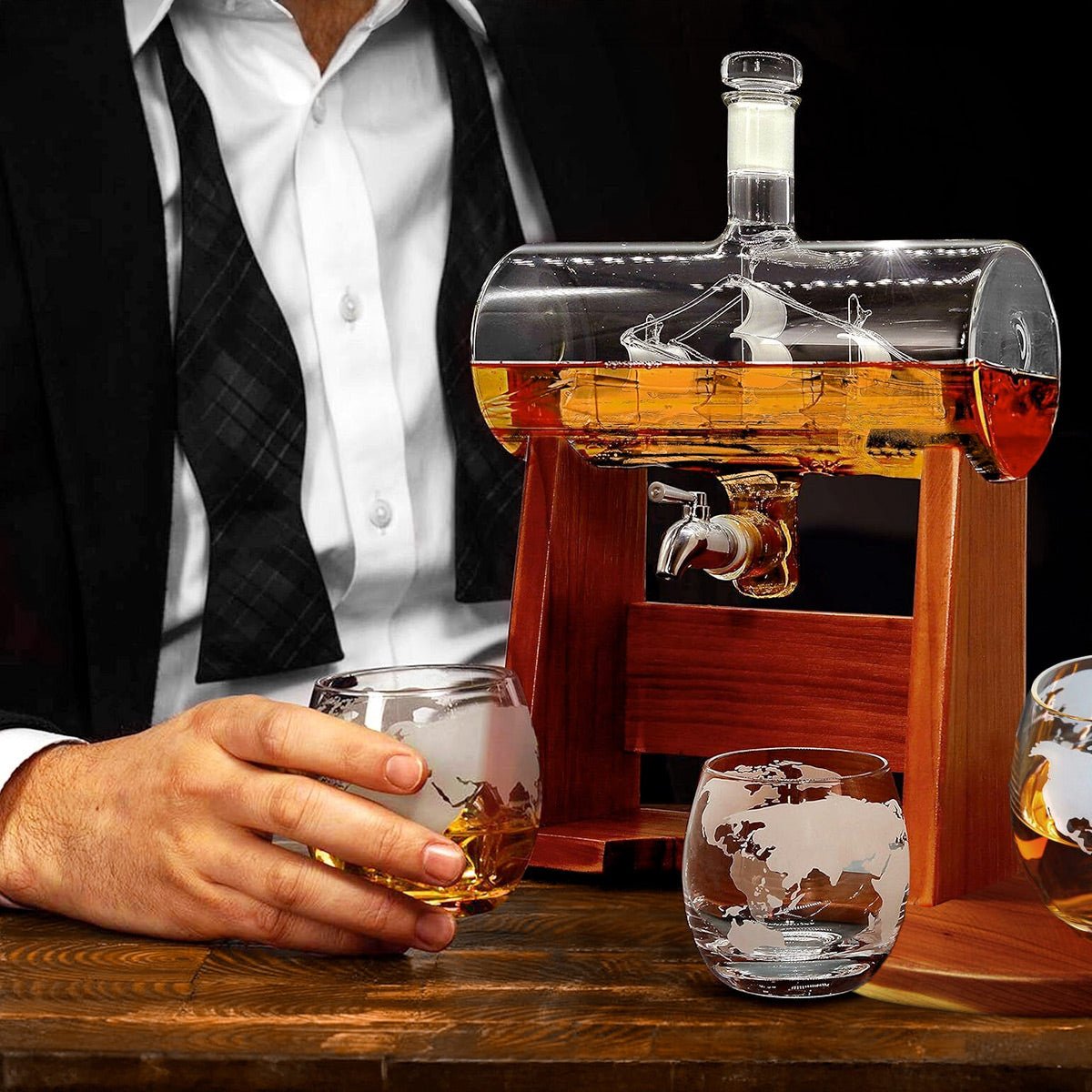 Ship in a Bottle Decanter With Two Globe Whiskey Glasses