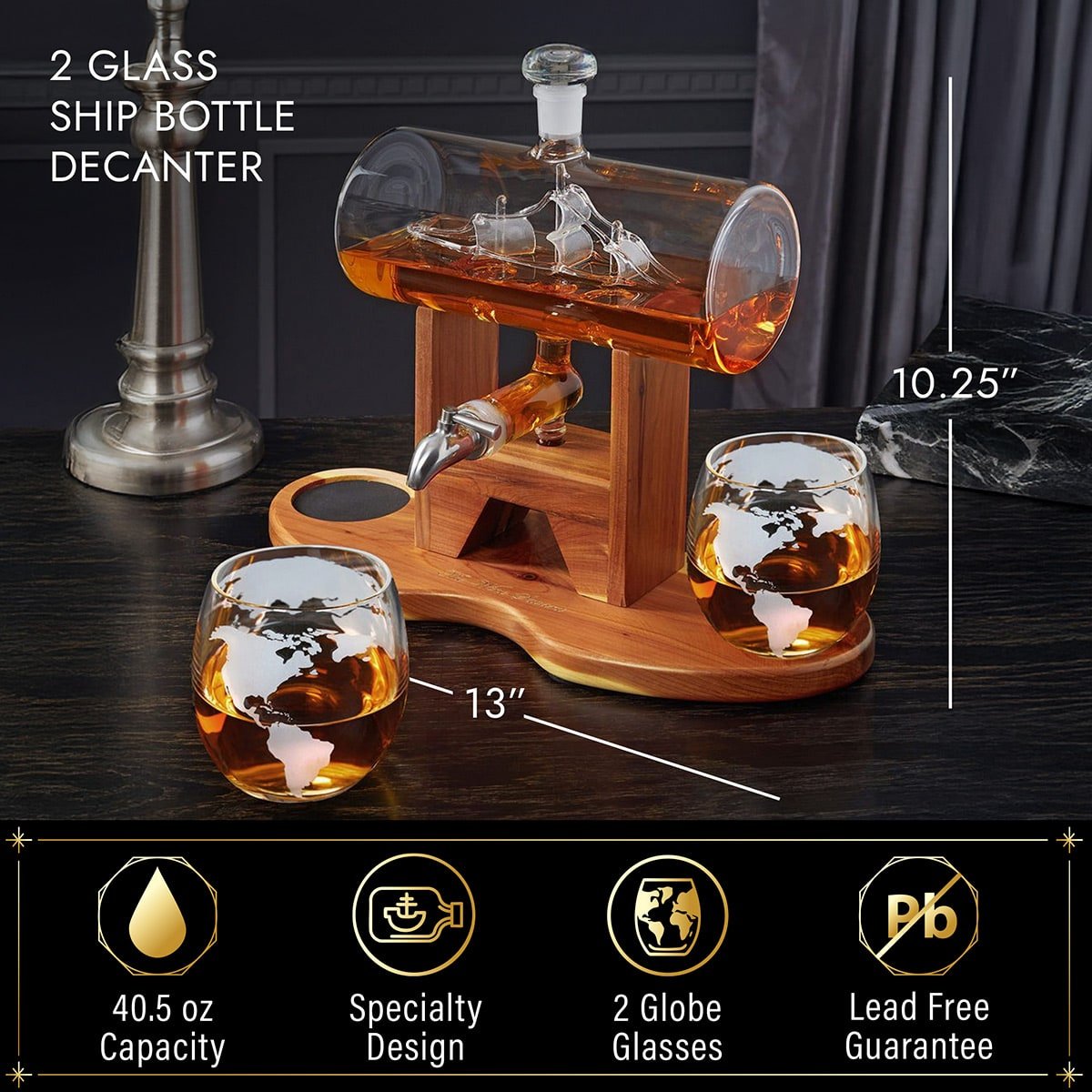 Ship in a Bottle Decanter With Two Globe Whiskey Glasses