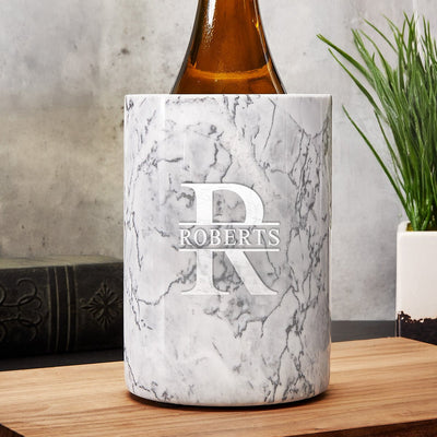 Stolzle Personalized Champagne Flutes with White Marble Champagne Bottle Chiller