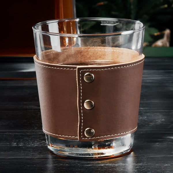 Stratford Whiskey Glasses with Custom Leather Wrap, Set of 4