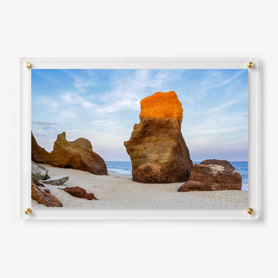 Acrylic wall art featuring sunlit rock formations