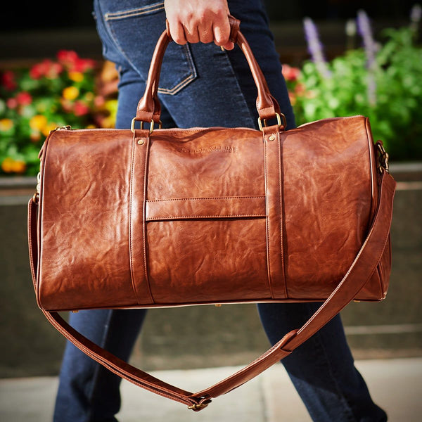 Men's PU Leather Duffle Bag – Brown, Weekend Travel Sports Luggage, Adjustable Strap