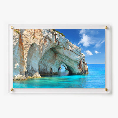 Acrylic wall art featuring a white coastal rock arch 