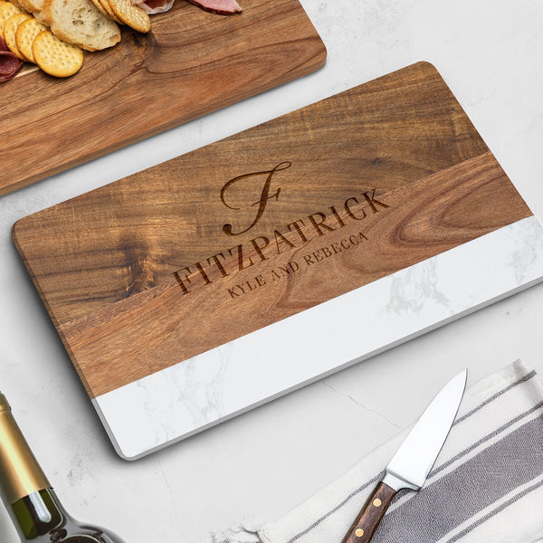 Trieste Personalized Marble Cutting Board - White Marble and Acacia Wood Cheese Board 16 x 9 x 1/2 inch