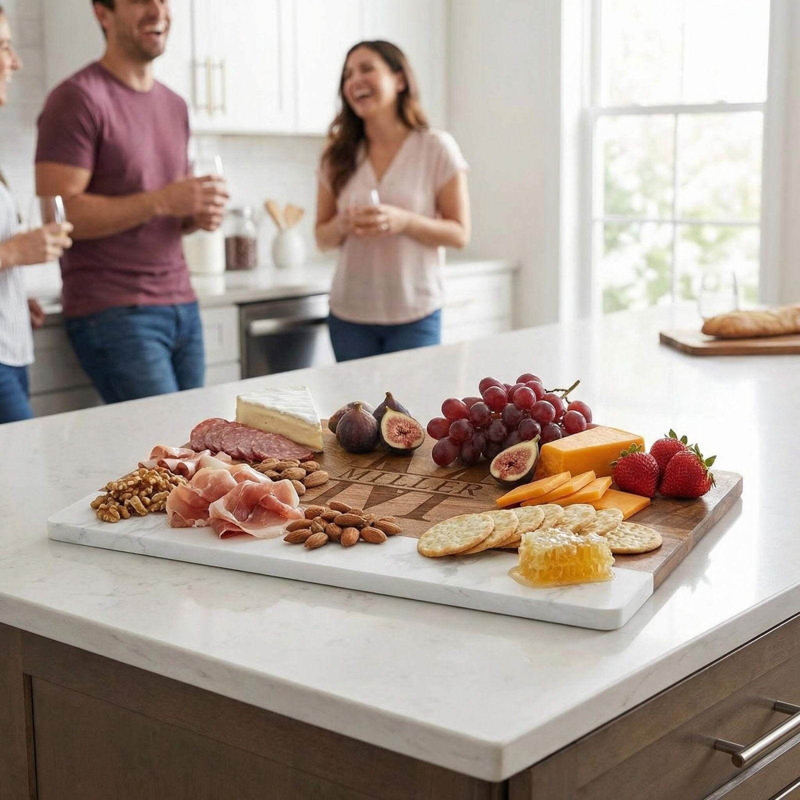 Trieste Personalized Marble Cutting Board - White Marble and Wood Charcuterie Board for Cheese 16 x 9 x 1/2 inch