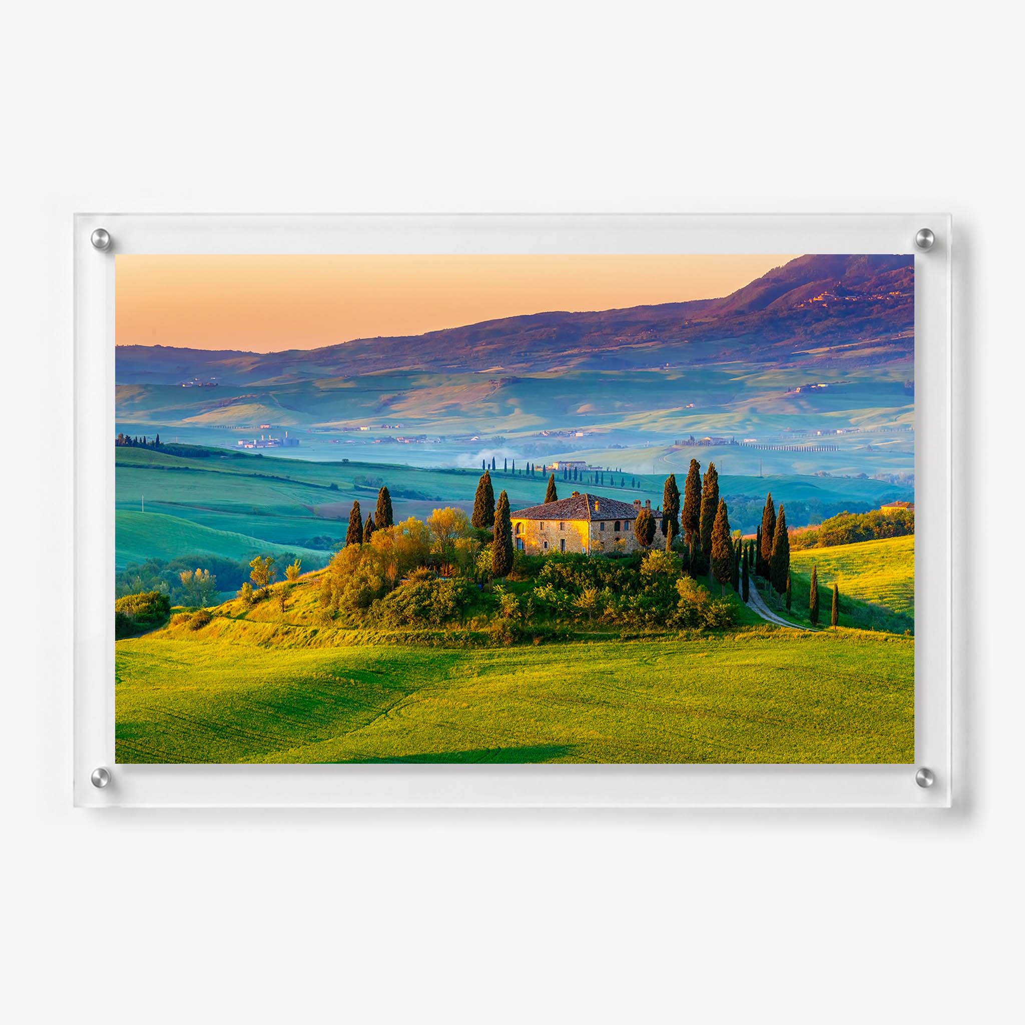 Acrylic wall art featuring a Tuscan farmhouse 