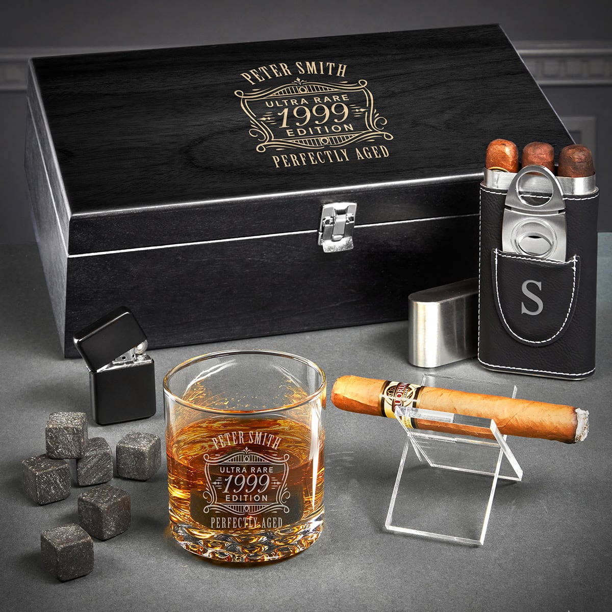 Ultra Rare Edition Custom Whiskey Glasses and Cigar Gift Set - 7pc Ebony Black Boxed
