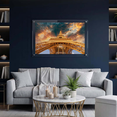 Acrylic wall art featuring the Eiffel Tower viewed from below displayed in a modern living room