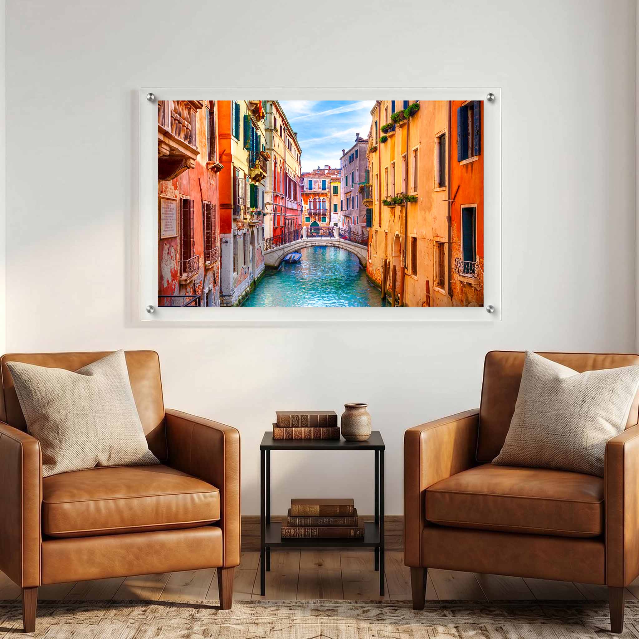 Venice wall art showing a peaceful canal displayed in a seating room