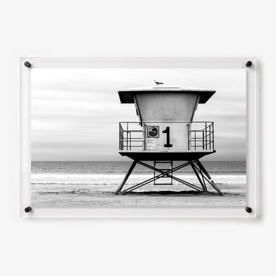 Acrylic wall art featuring a black and white lifeguard tower marked number 1