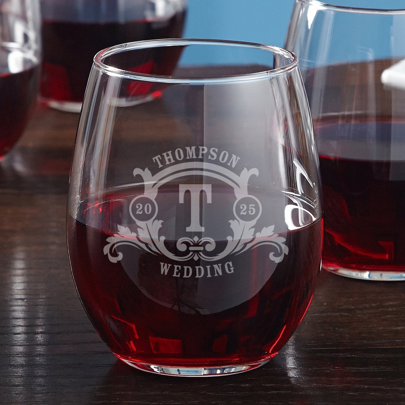 Westbrook Monogram Etched Stemless Wine Glasses, Set of 4