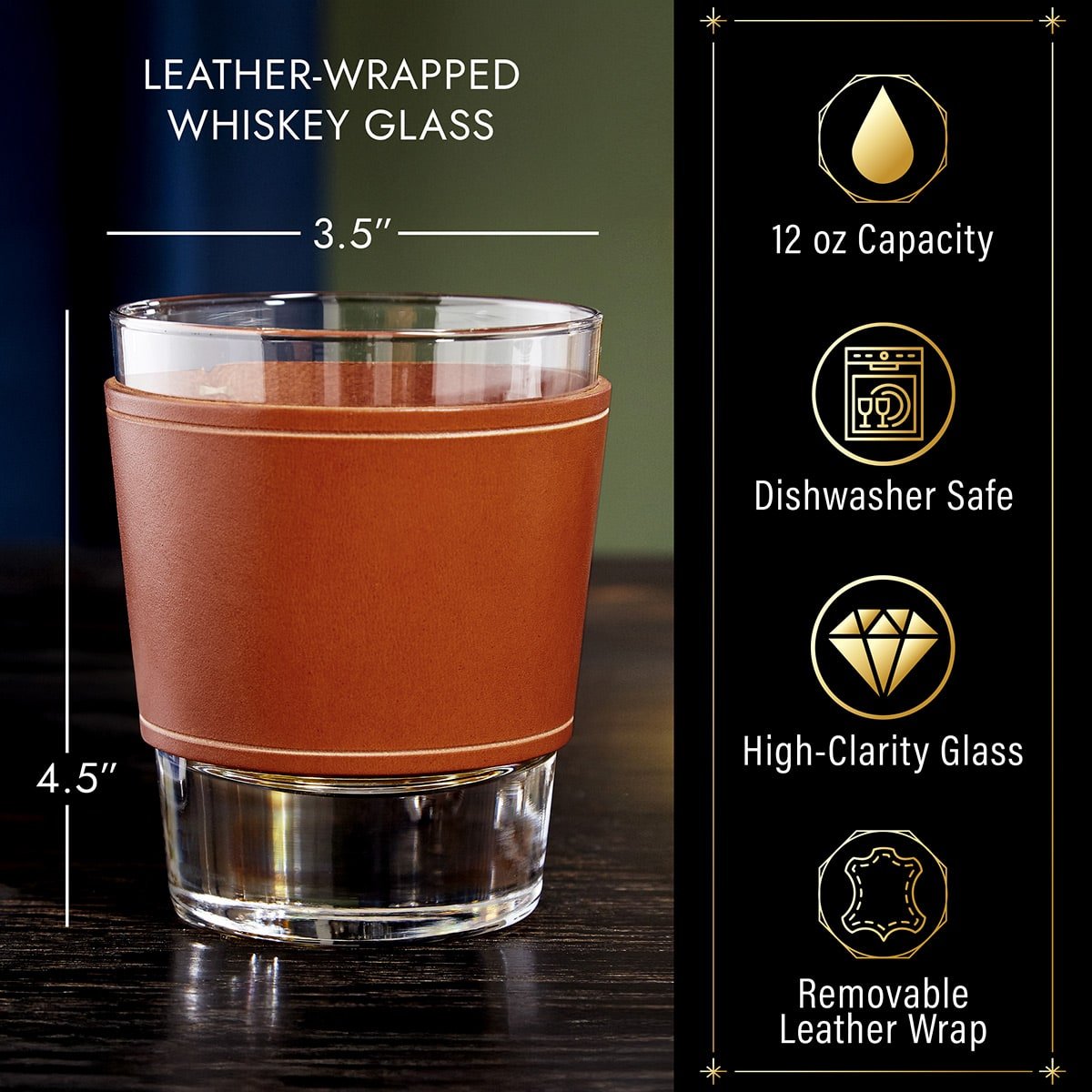 Whiskey Glasses with Personalized Leather Wrap, Set of 2