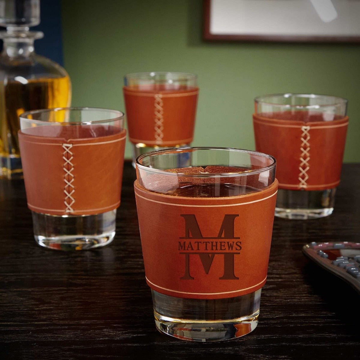 Whiskey Glasses with Personalized Leather Wrap, Set of 4