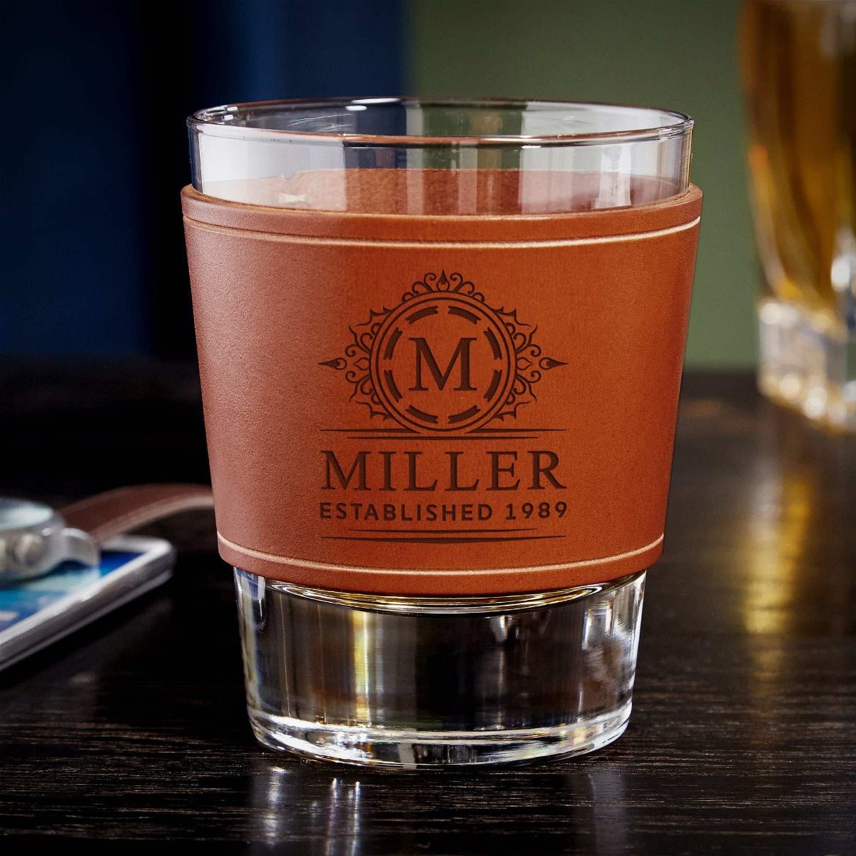 Whiskey Glasses with Personalized Leather Wrap, Set of 4