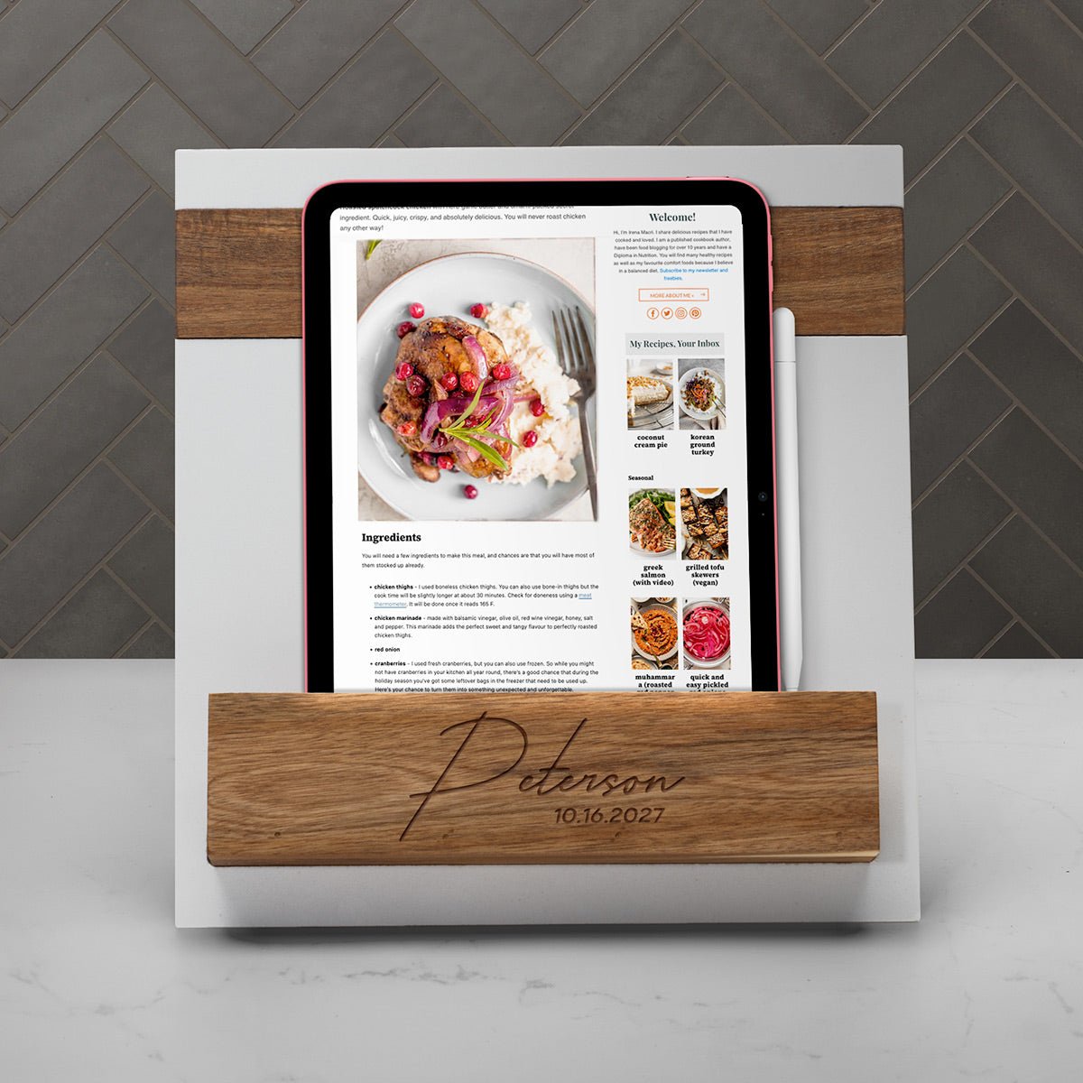 Winslow Custom Cookbook Stand - White Marble & Wood