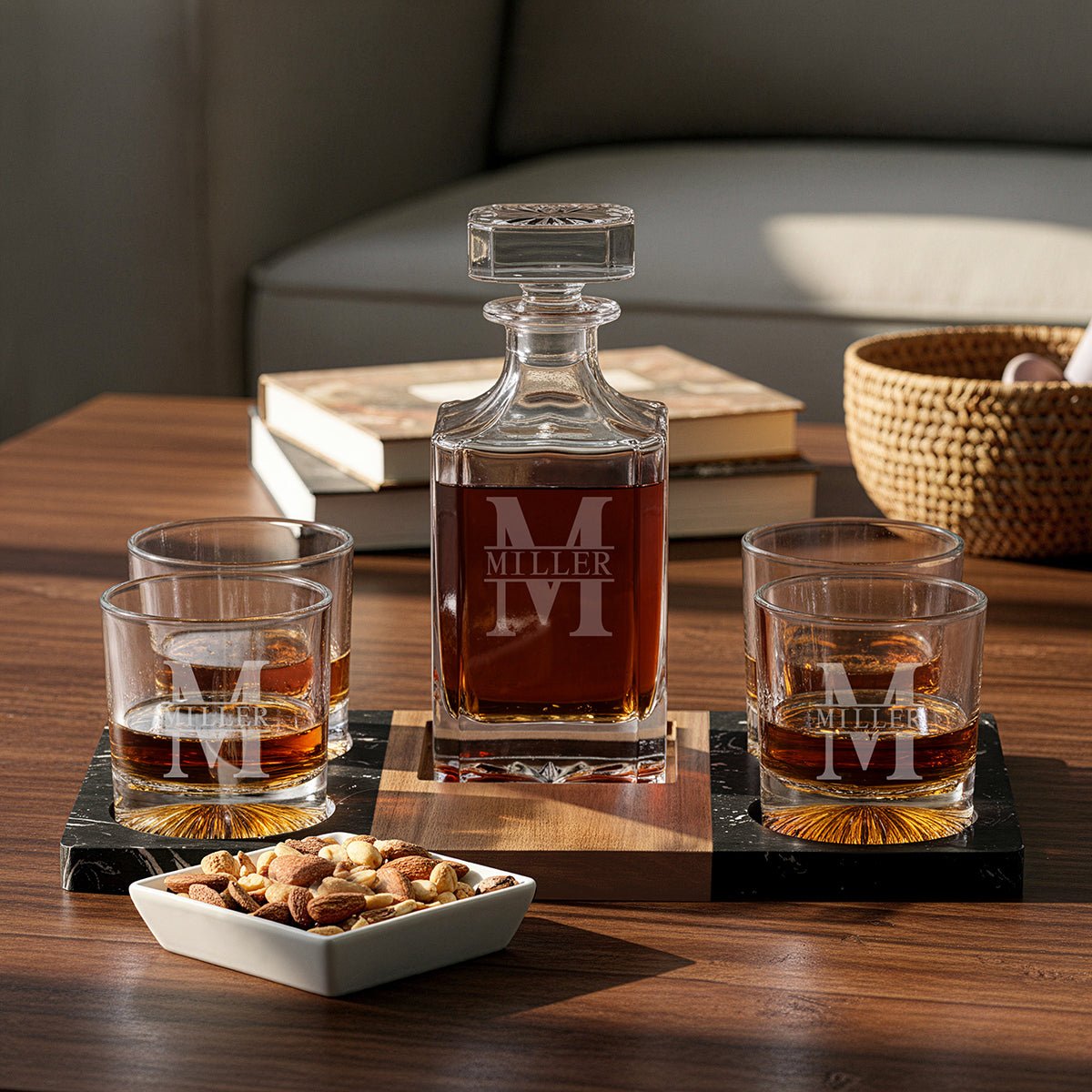 Winslow Serving Marble Tray w/ Bowl, Decanter and Churchill glasses with nuts in a living room setting