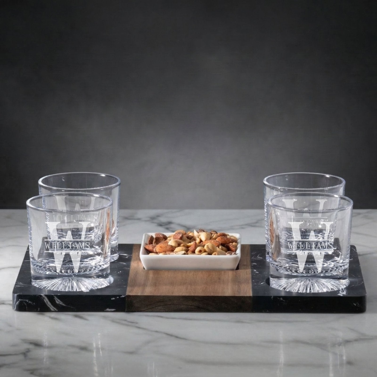 Marble Serving Tray w/ 4 custom Churchill Glasses and nuts