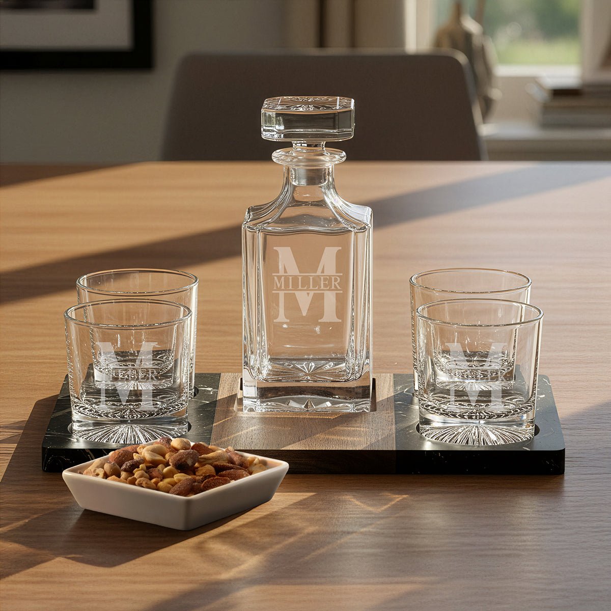 Winslow Marble Serving Tray w/ Whiskey Decanter & Churchill Glasses empty shot with nuts 