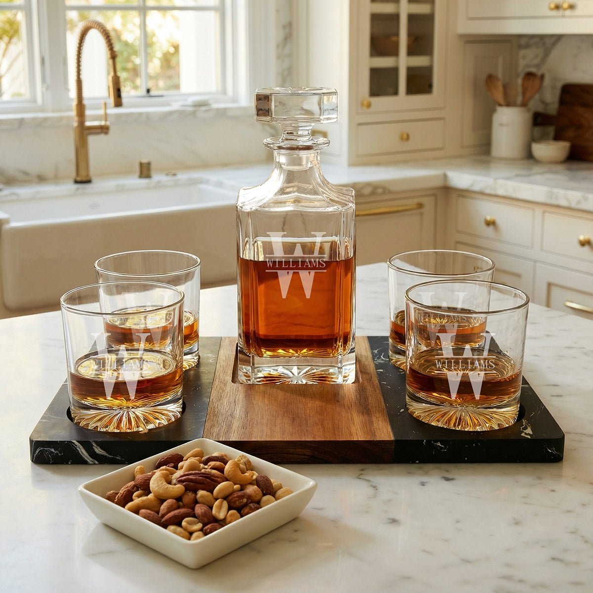 Marble Serving Tray w/ Whiskey Decanter & 4 Churchill Glasses with whiskey and nuts