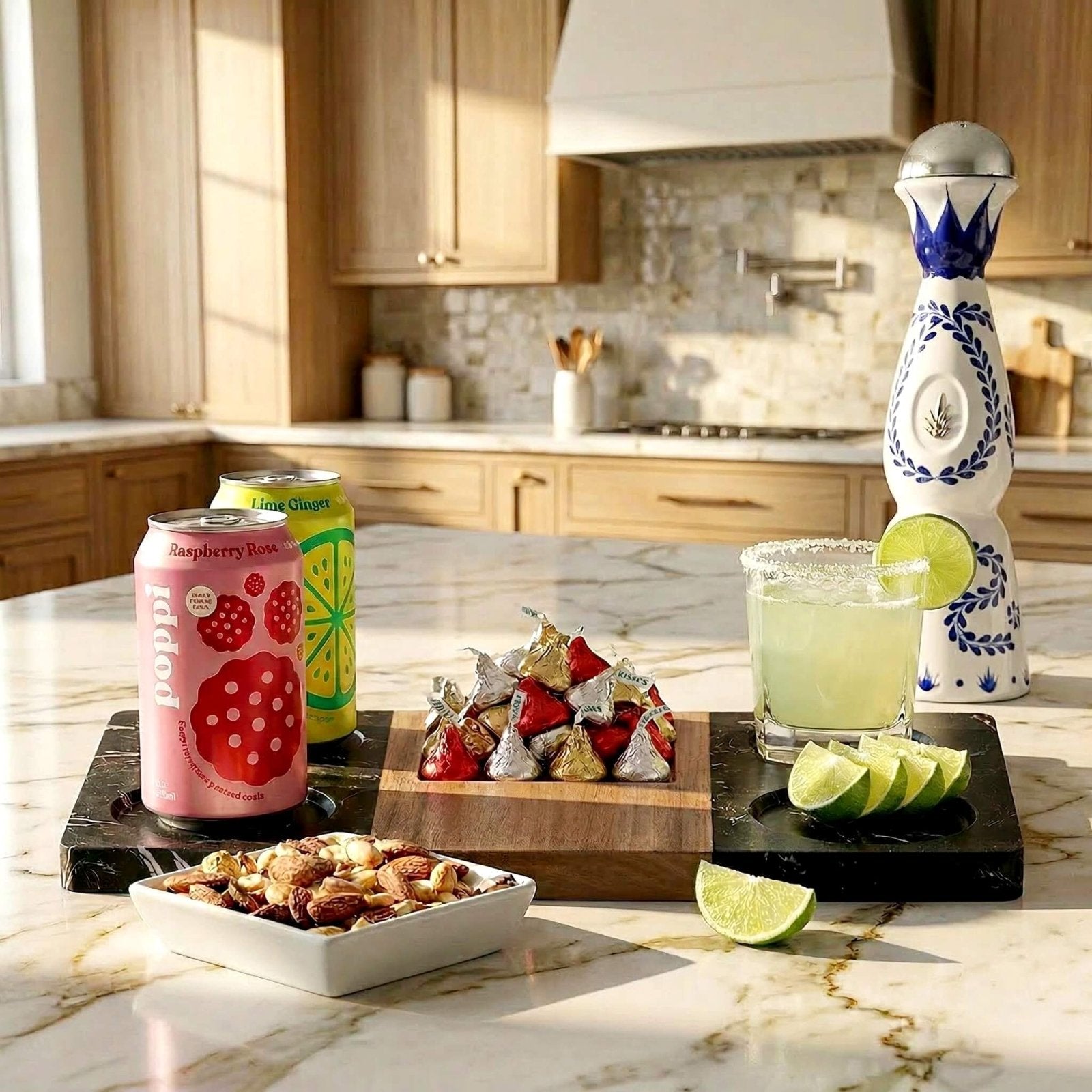 Winslow Liquor Serving Marble Tray w/ Bowl - Marble & Wood with drinks and snacks 