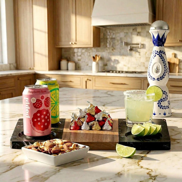 Winslow Liquor Serving Marble Tray w/ Bowl - Marble & Wood with drinks and snacks 