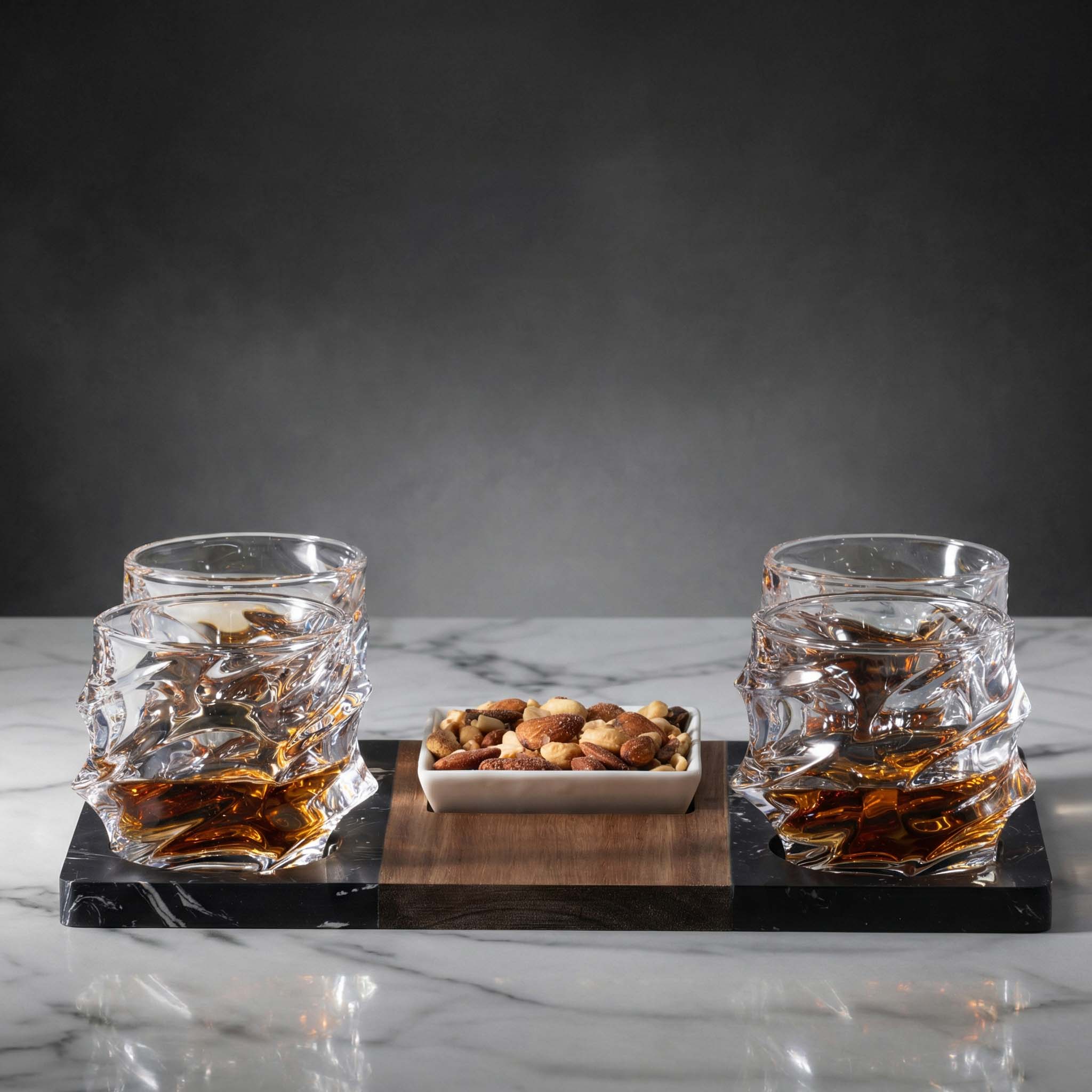 Winslow Cocktail Serving Tray & Sculpted Whiskey Glasses with nuts and whiskey