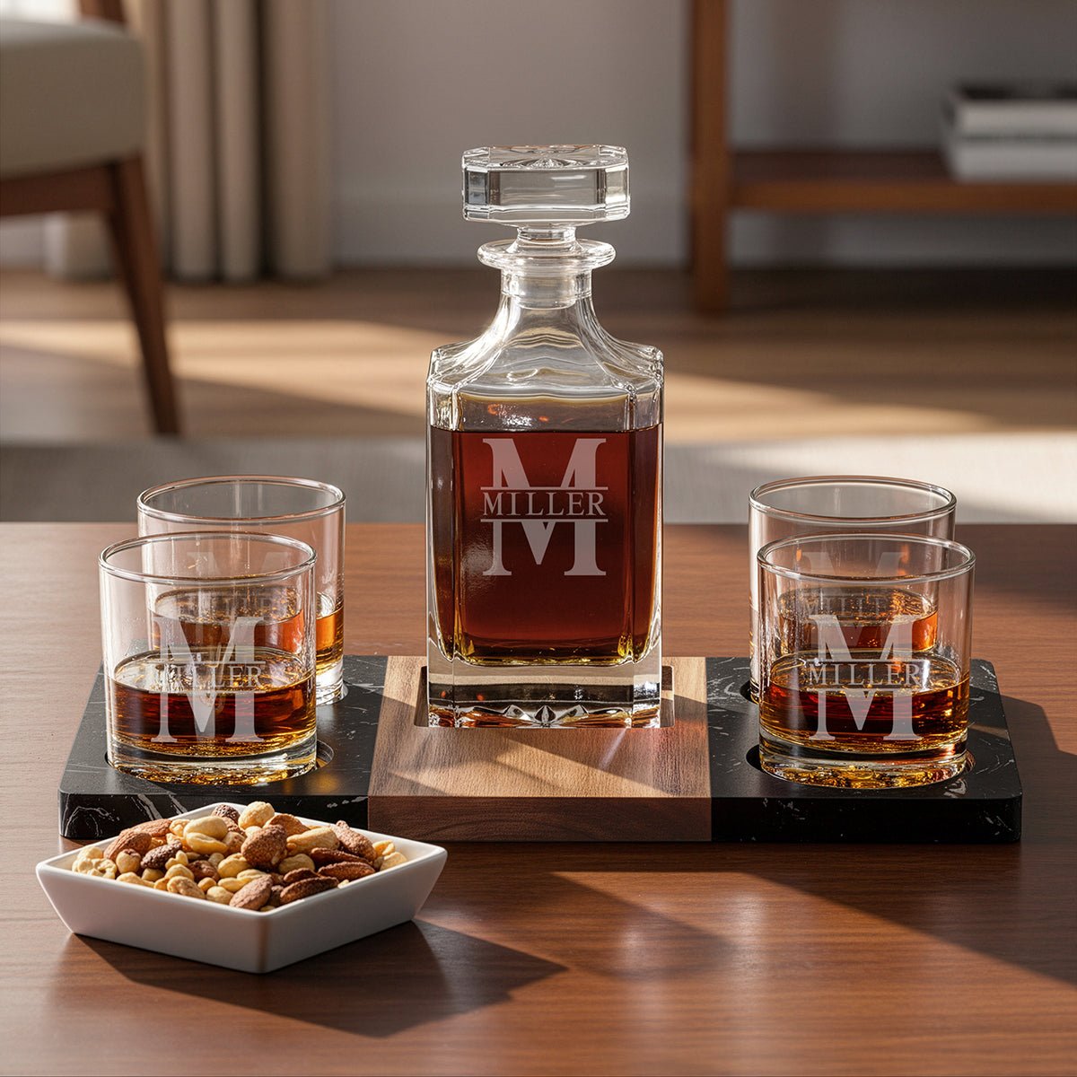 Winslow Whiskey Gift Set - Marble Serving Tray w/ Decanter & Buckman Glasses