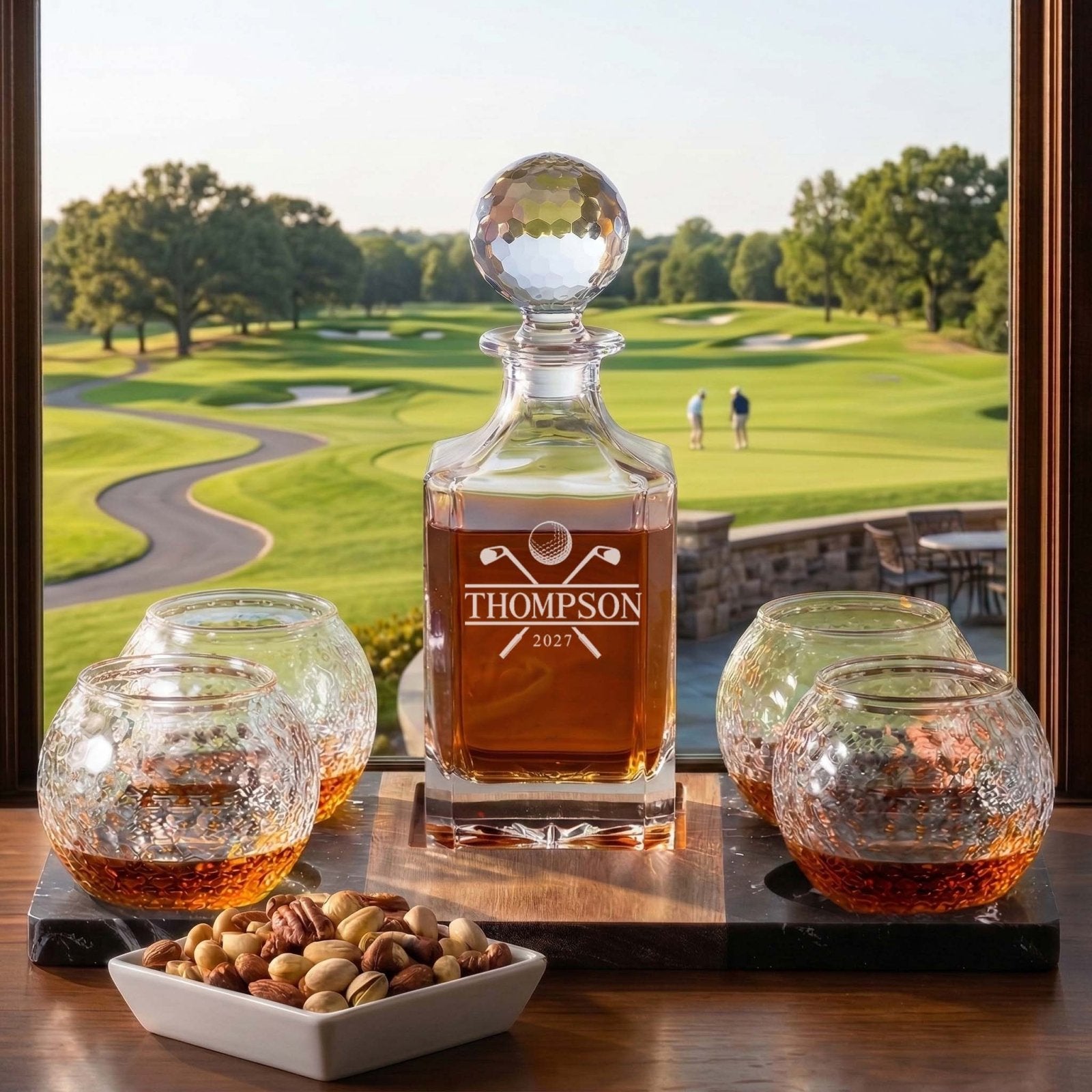Winslow Whiskey Golf Set - Serving Tray w/ Golf Decanter & Golf Ball Glasses in a golf course setting