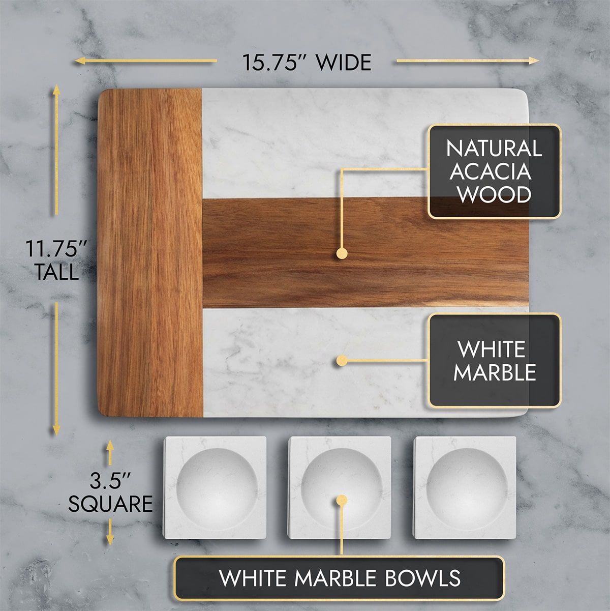 Winslow Wood and Marble Appetizer Serving Platter - Charcuterie Board with Bowls