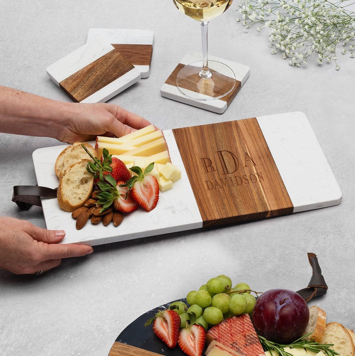 Winslow Wood and Marble Personalized Cheese Board, White