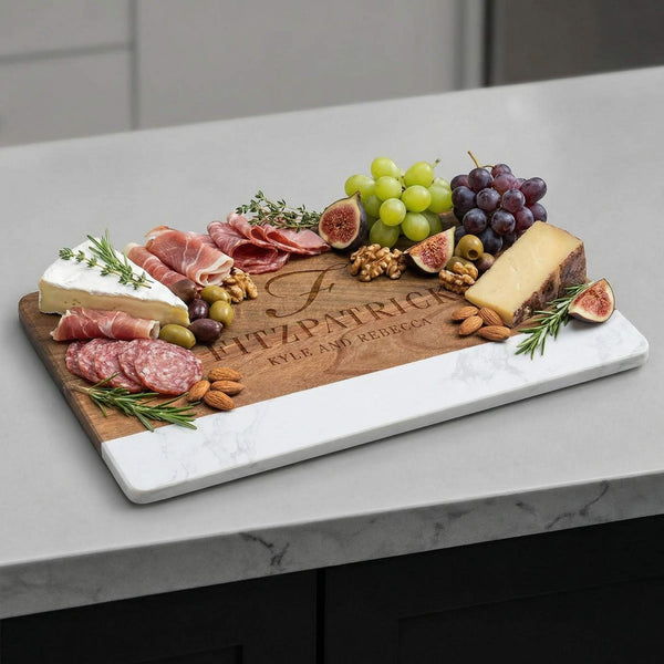 Marble and Wood Charcuterie Board with Food Cheese and Meat