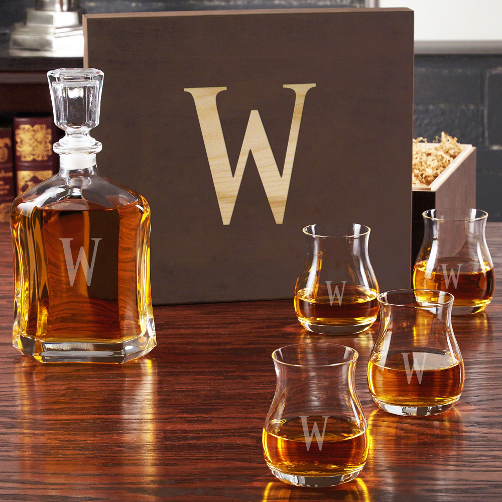 Engraved Decanter with Glencairn Wide-Bowl Glasses and Gift Box