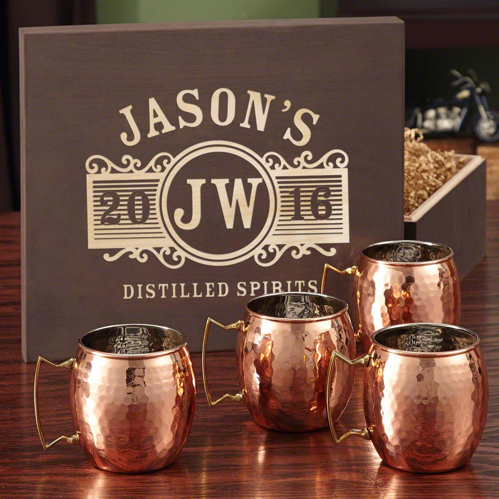 marquee copper mug set with custom wooden gift box