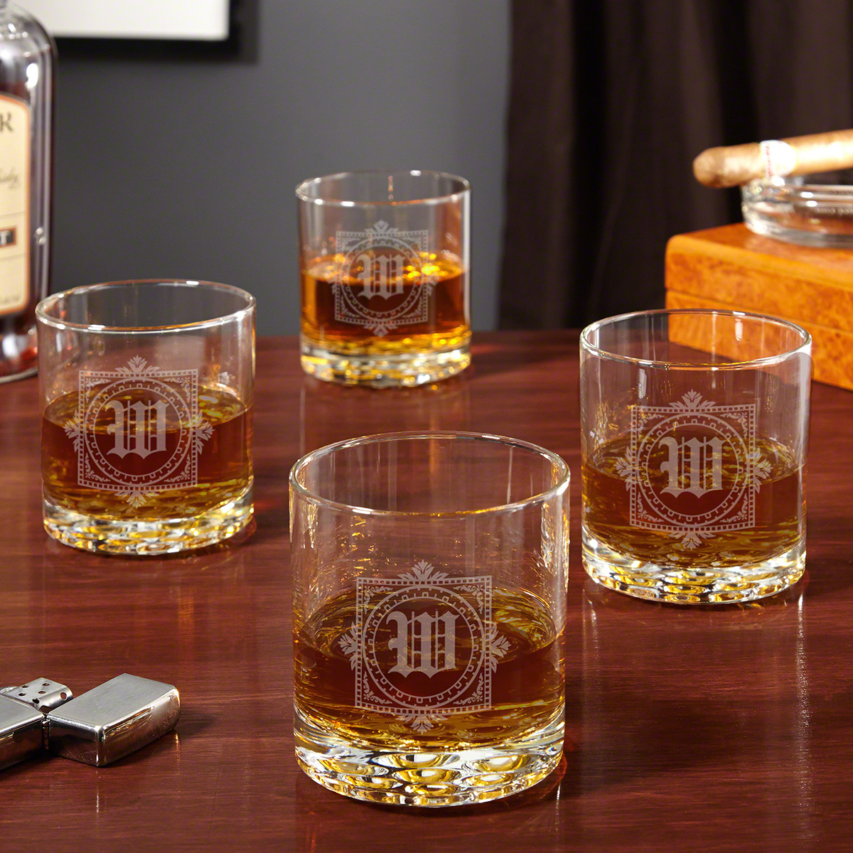 Winchester Monogram Etched Whiskey Glasses, Set of 4