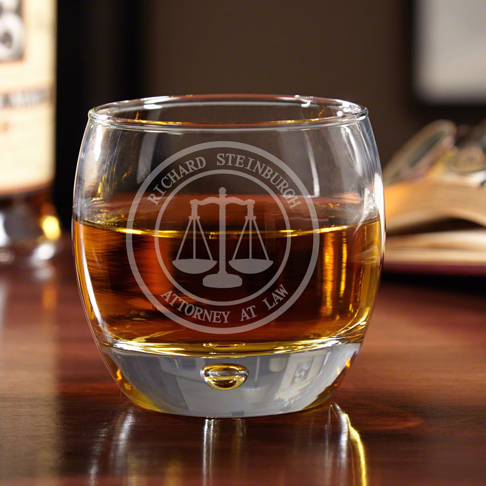 Scales of Justice Personalized Whiskey Glass for Lawyers