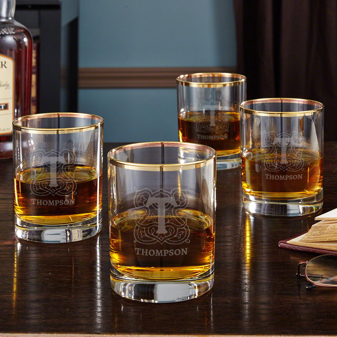 Brannon Engraved Gold Rim Whiskey Glasses, Set of 4