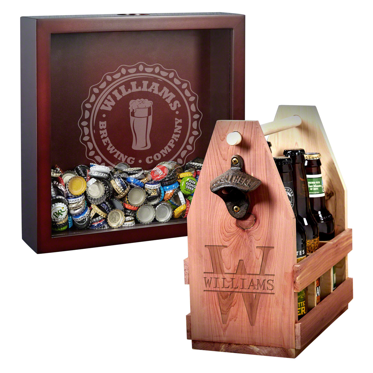 Custom Bottle Cap Brewery Shadow Box and Oakmont Beer Caddy