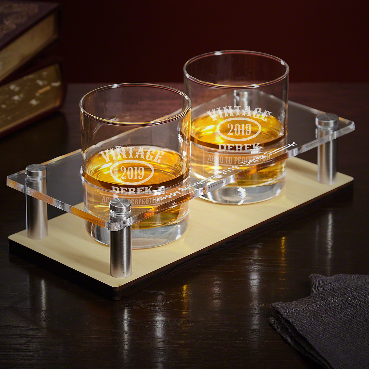 Aged to Perfection Wooden Bar Tray with Engraved Glasses 3 pc Set