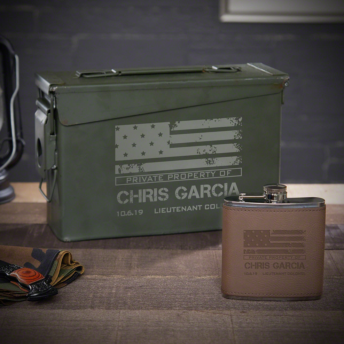 American Heroes Personalized Military Ammo Can Flask Set