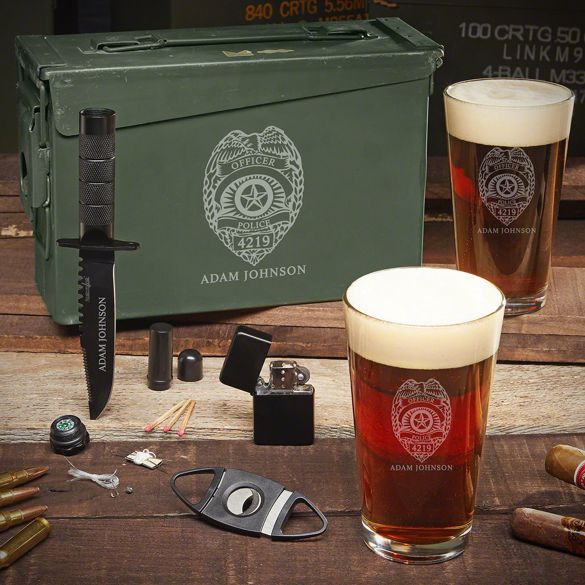 Police Badge Personalized .30 Cal Ammo Can Set - Gift for Police