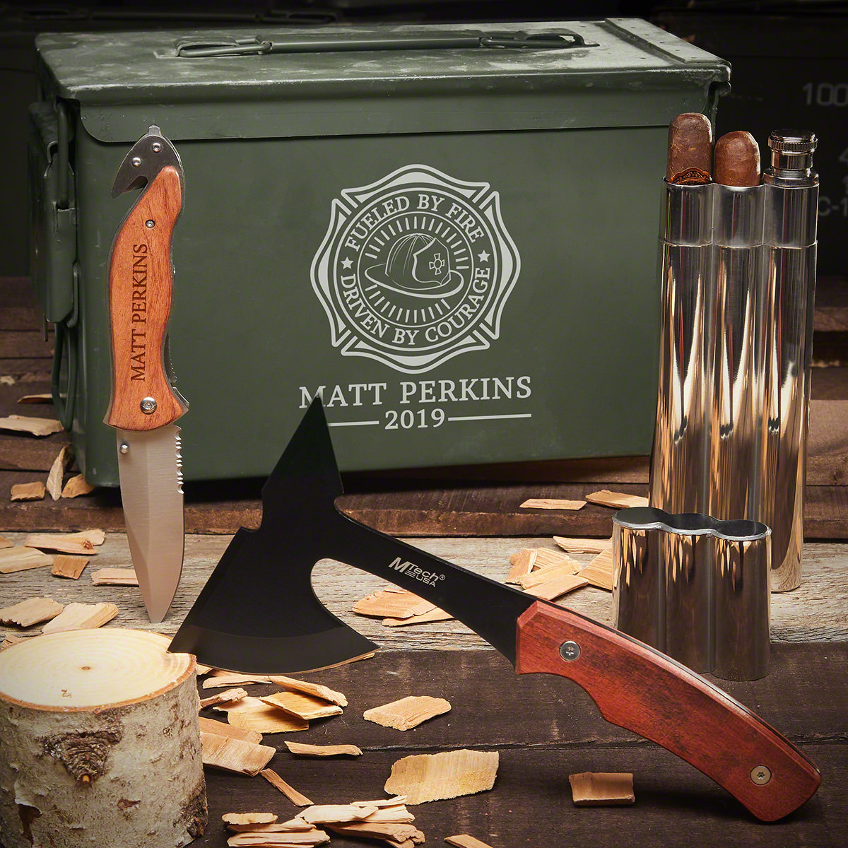 Sharpened Tools Fueled By Fire Personalized 50 Cal Ammo Can Gift Set for Firefighters