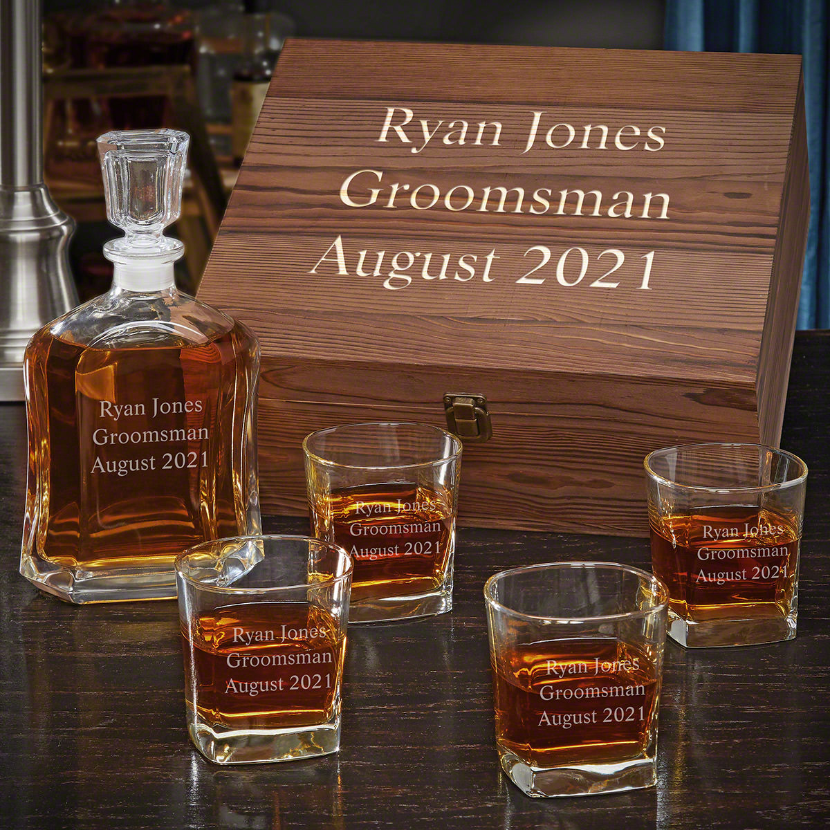 Personalized Argos Whiskey Decanter Set with Square Rocks Glasses